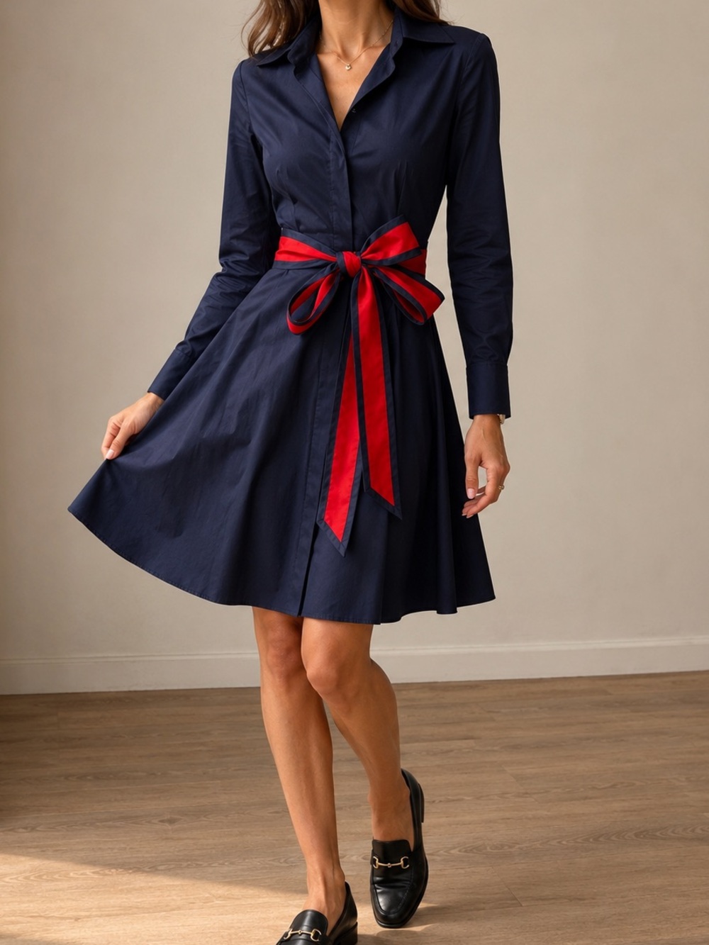 El Ganso Navy Shirt Dress Red Contrast Tie Waist Dress